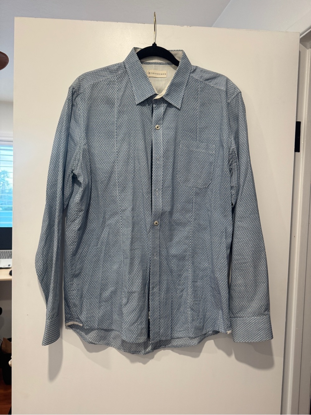 7 Diamonds Originals Blue & White Geometric Print Button-Up Shirt | Size Medium